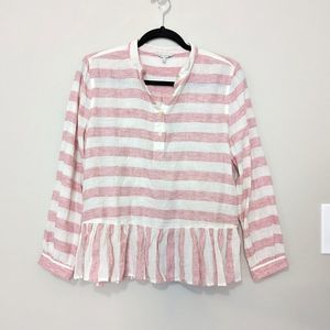 Lucky Brand Red White Striped Split Neck Ruffle Peplum Long Sleeve Blouse